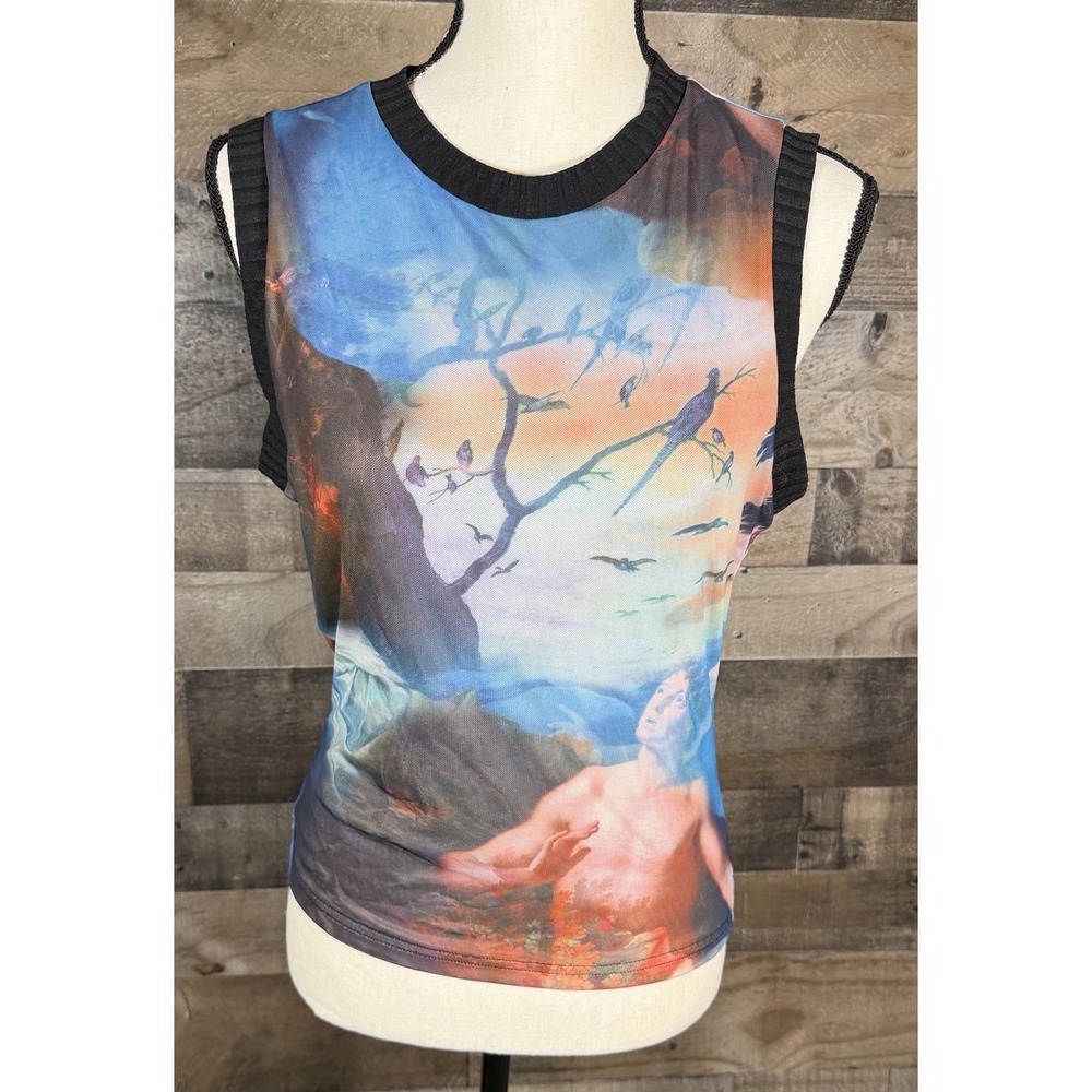 White Fox Mesh Overlay Tattoo‎ Angel Birds Tank Top Large Graphic Sleeveless